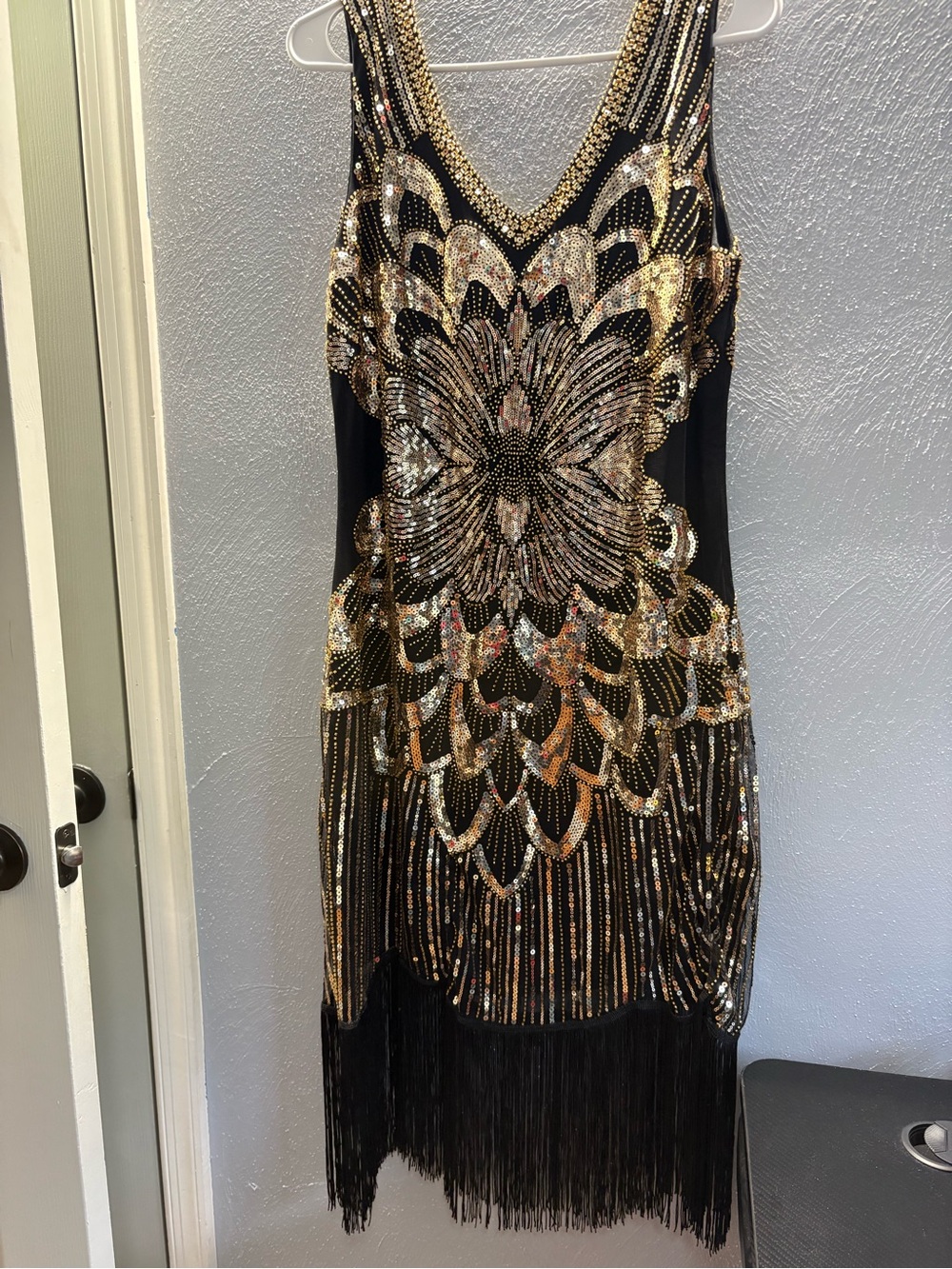 Black & Gold Sequin Fringe Evening Dress